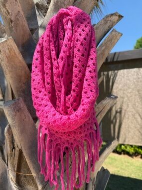 Hot Pink Crochet Fringe Scarf